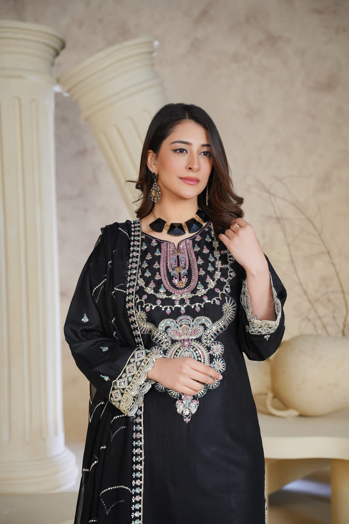 1162A - Black Embroidered Linen 3 Piece Sharara suit