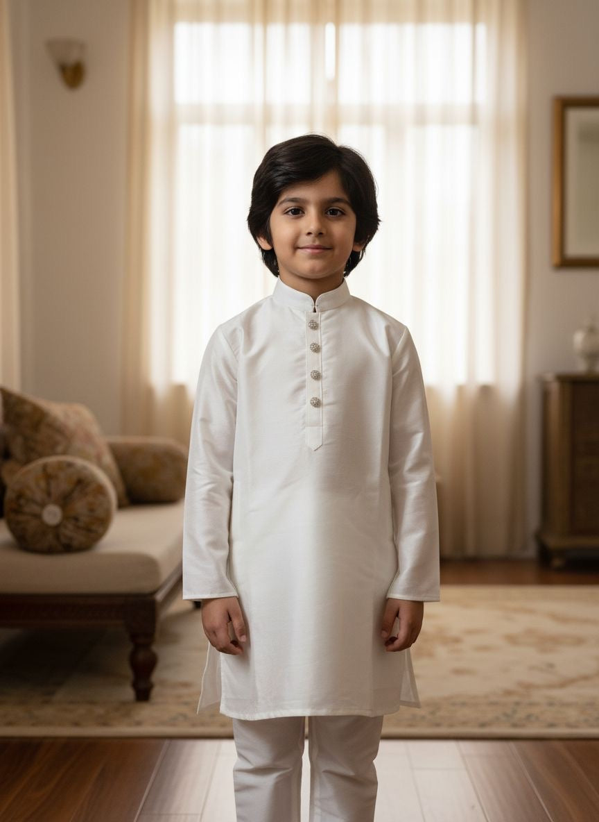 CK603A-  White cotton satin kameez set for Men and Boys