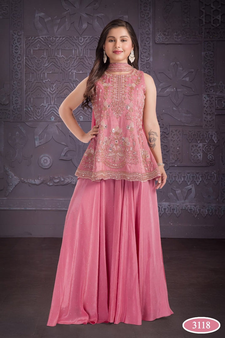 3118A - GIRLS PINK EMBROIDERED SHARARA DRESS