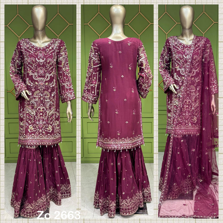 353A - Plum Embroidered Chiffon Gharara 3 Piece Suit