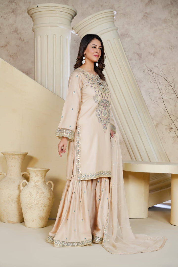 1162B - Beige Embroidered Linen 3 Piece Sharara suit