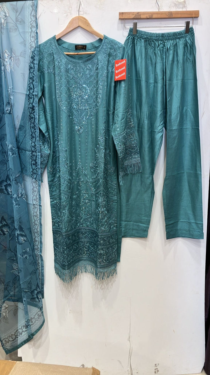 1183C - Teal Embroidered linen 3 piece suit