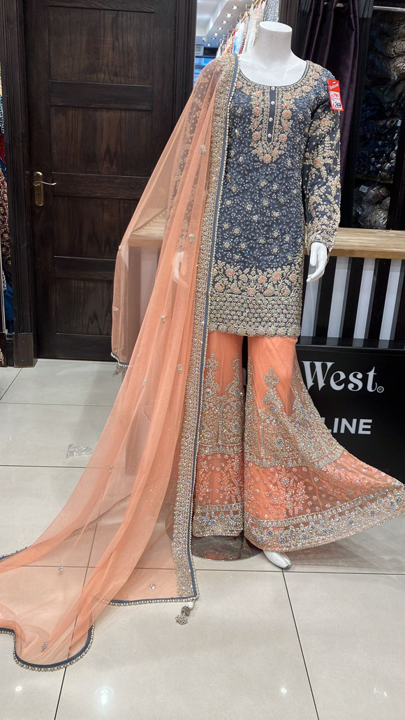 HEAVY EMBROIDERED NET SHARARA SUIT 162C