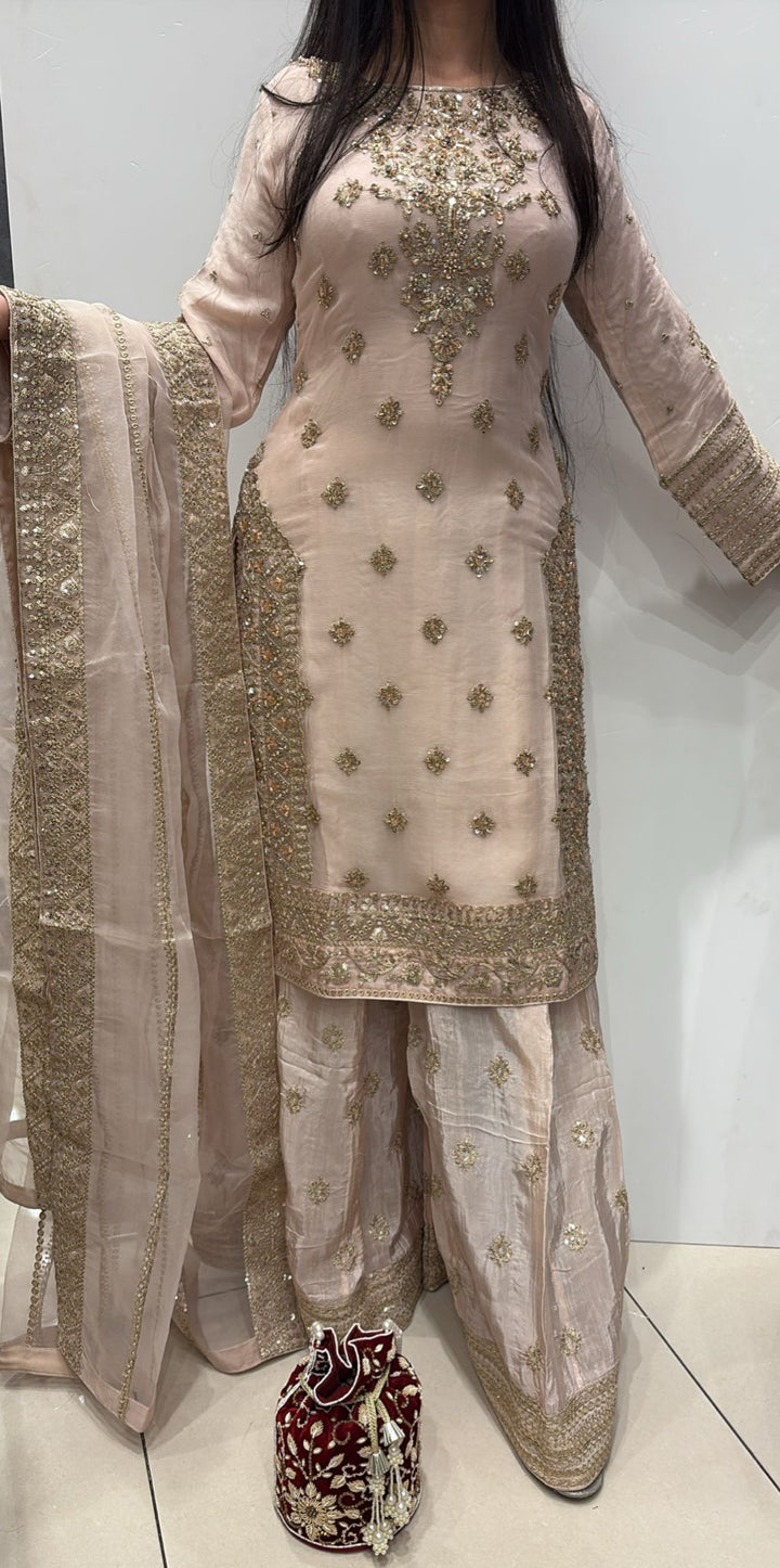 363A- PINK CHIFFON EMBROIDERED 3 PIECE SUIT