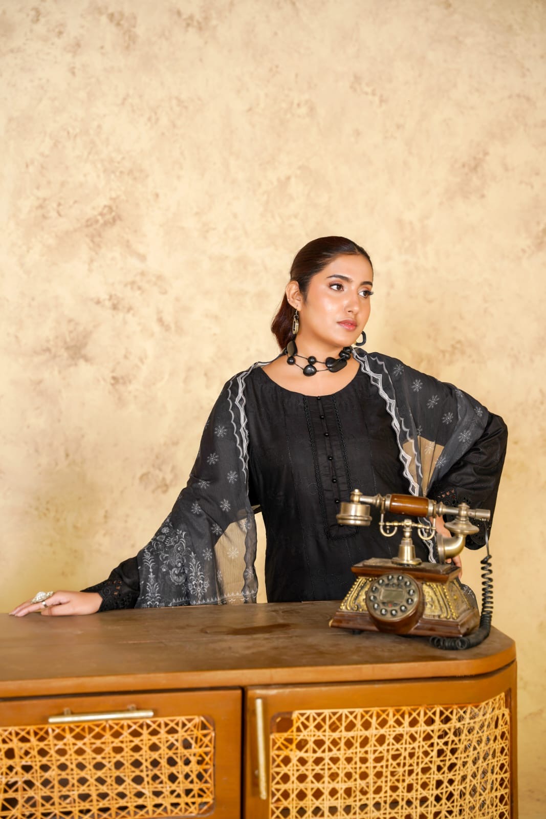1167C - BLACK LINEN CHIKANKARI 3 PIECE SUIT