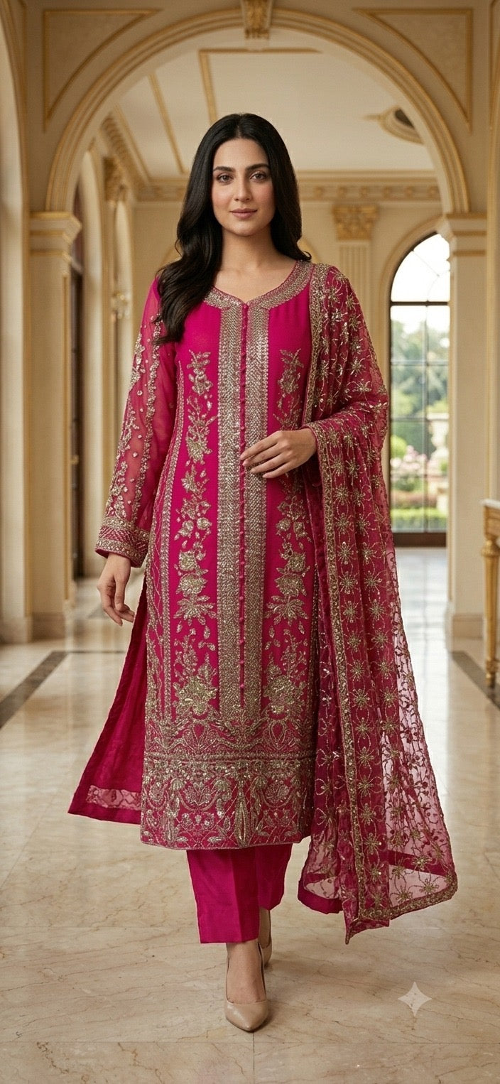 317A - FUCHSIA PINK EMBROIDERED CHIFFON 3 PIECE SUIT