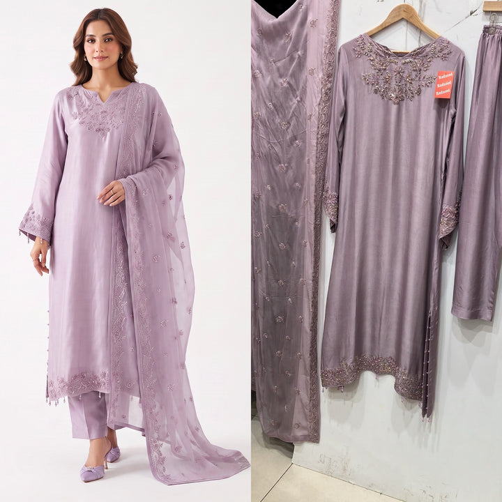 Zc2842a - Lavender Tussle Silk Adda Work Kaftan Style Suit