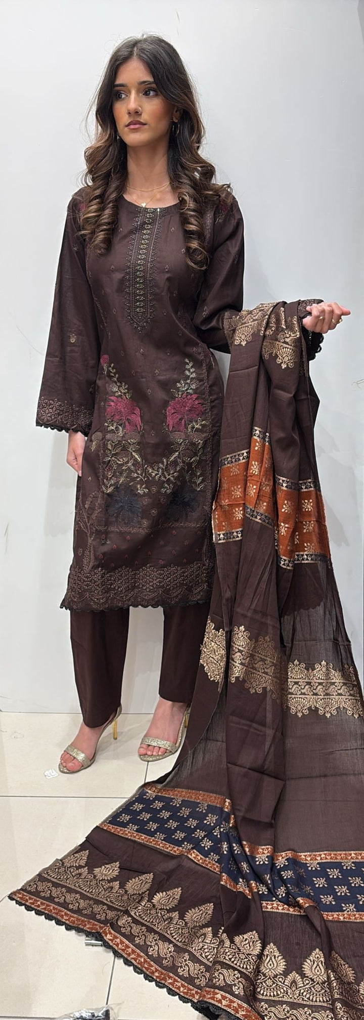 GBR05 - BROWN EMBROIDERED COTTON SUIT JACQUARD DUPATT