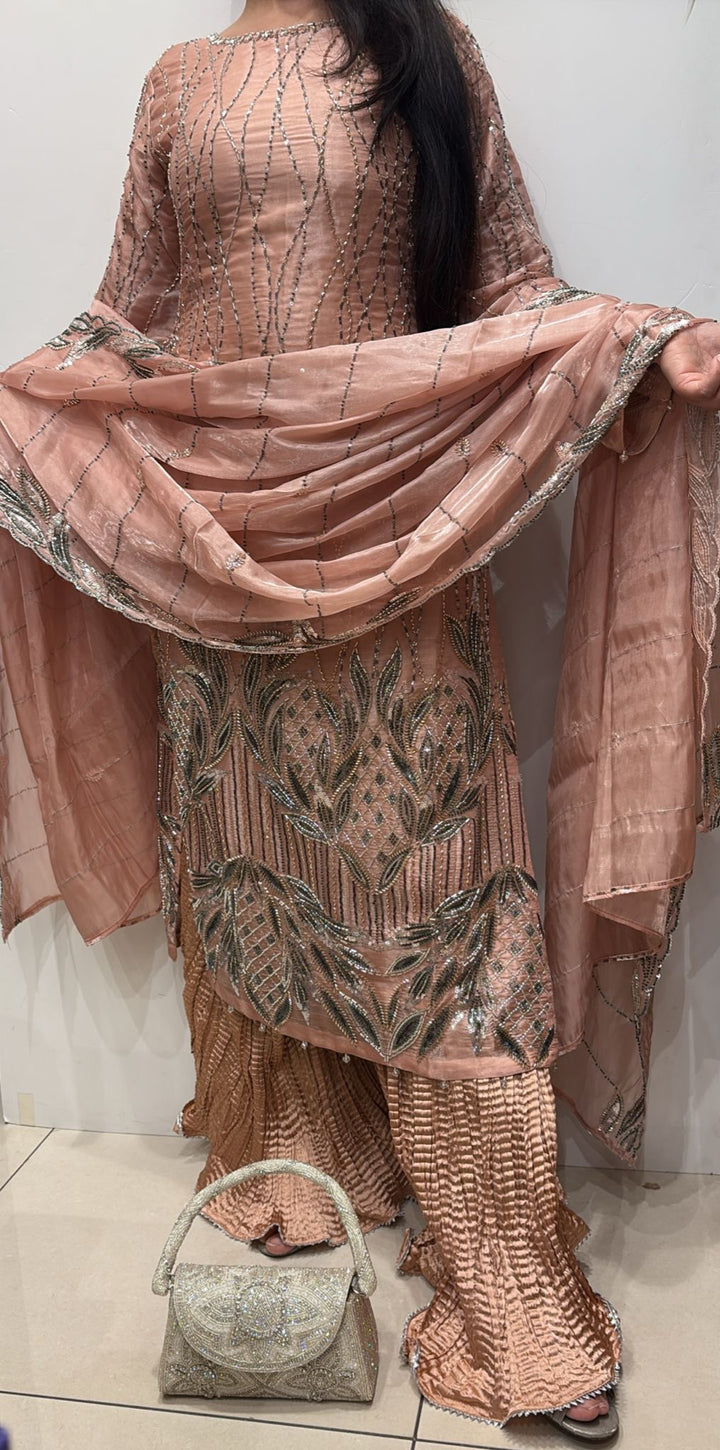 390F - PEACH EMBROIDERED & EMBELLISHED SILK SUIT