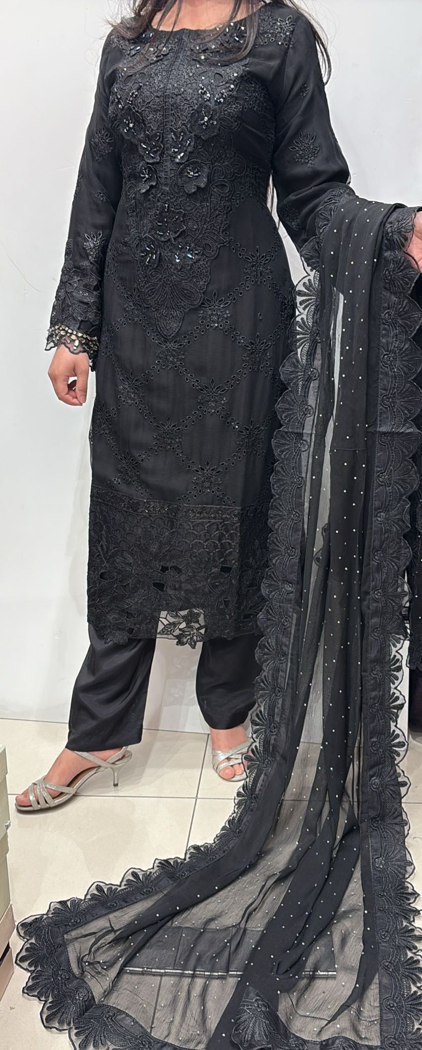 355D - Maria b inspired Black Embroidered chiffon suit