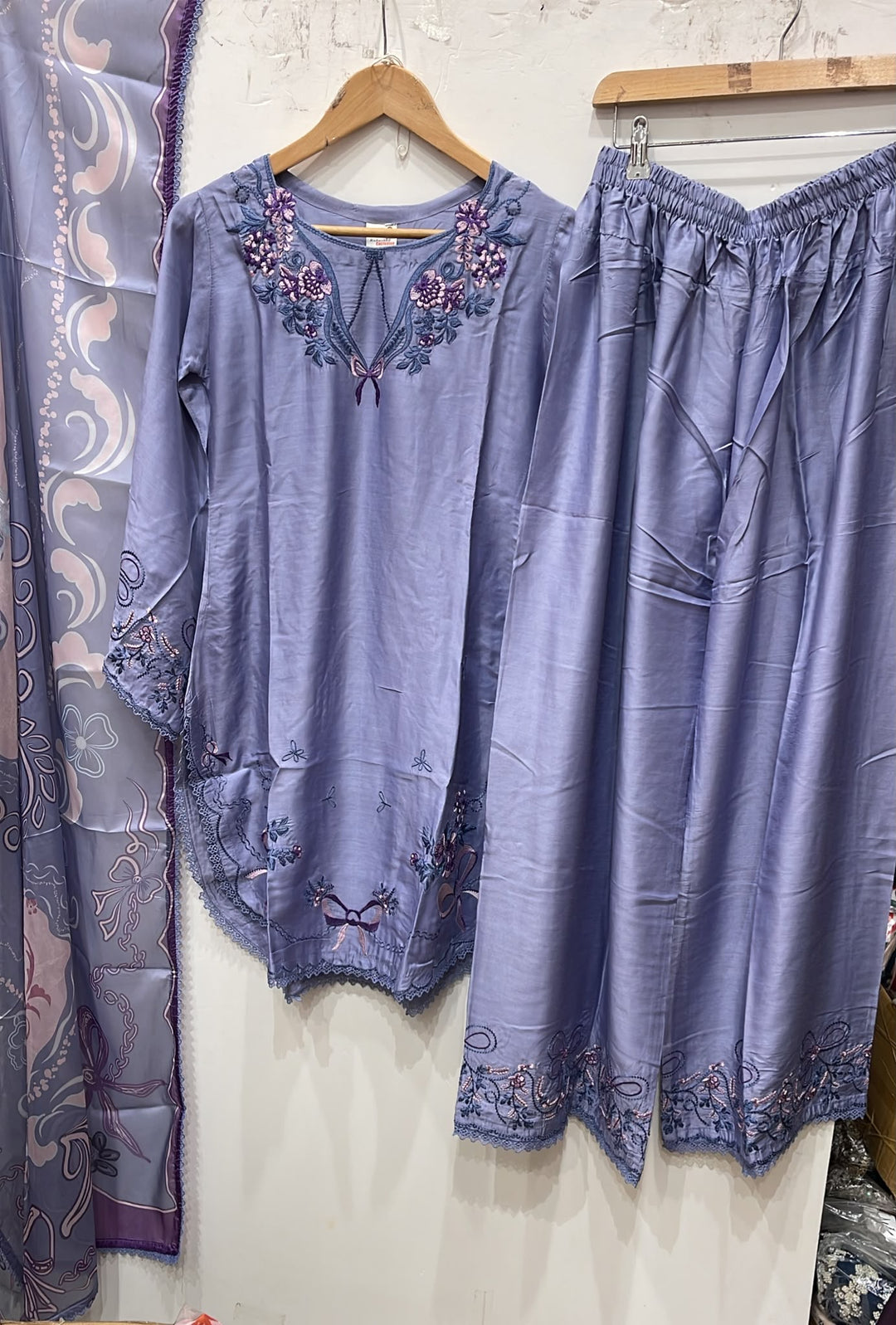 1127A - Lavender Embroidered Viscose Pakistani Suit with printed Dupatta