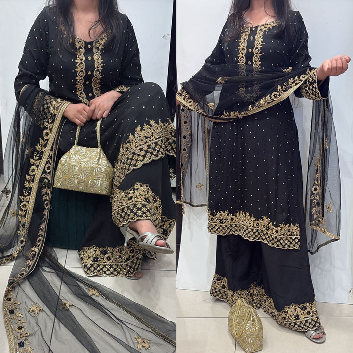 0142A- BLACK GEORGETTE FARSHI PALAZZO SUIT