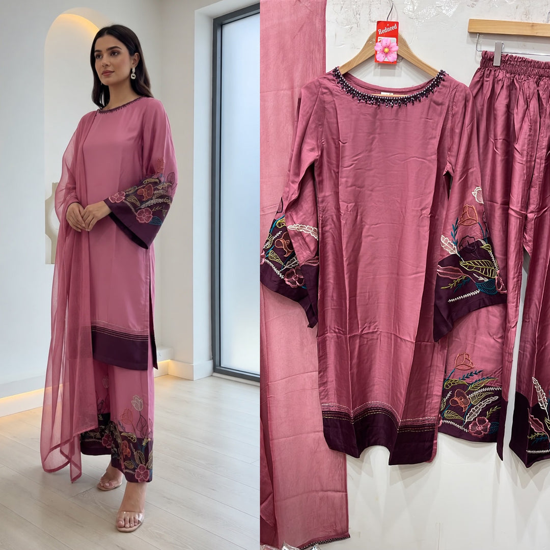 1180B - Pink Viscose Embroidered Pakistani Suit with Palazzo & Chiffon Dupatta