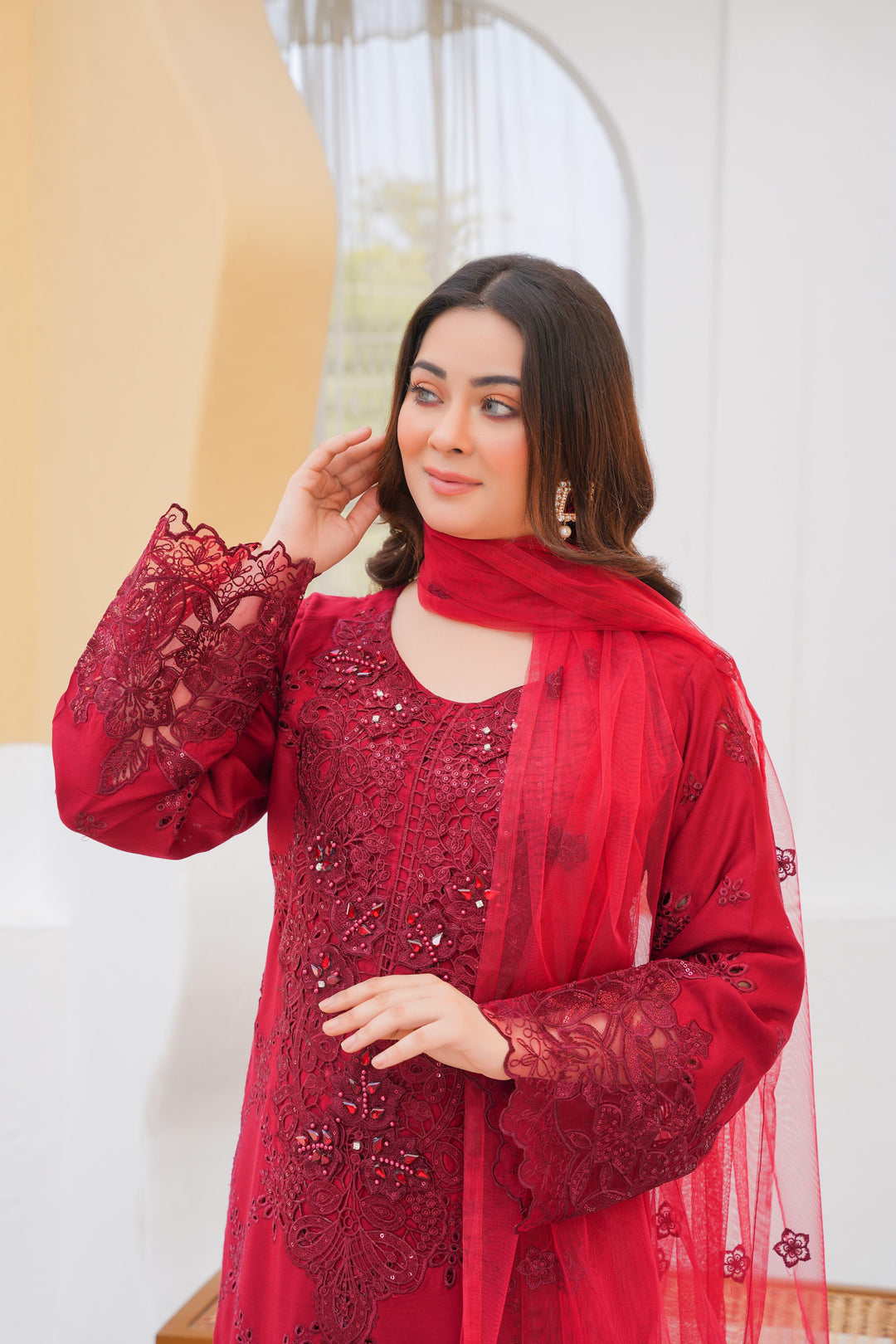 74C - Maria b inspired Red Embroidered Linen suit