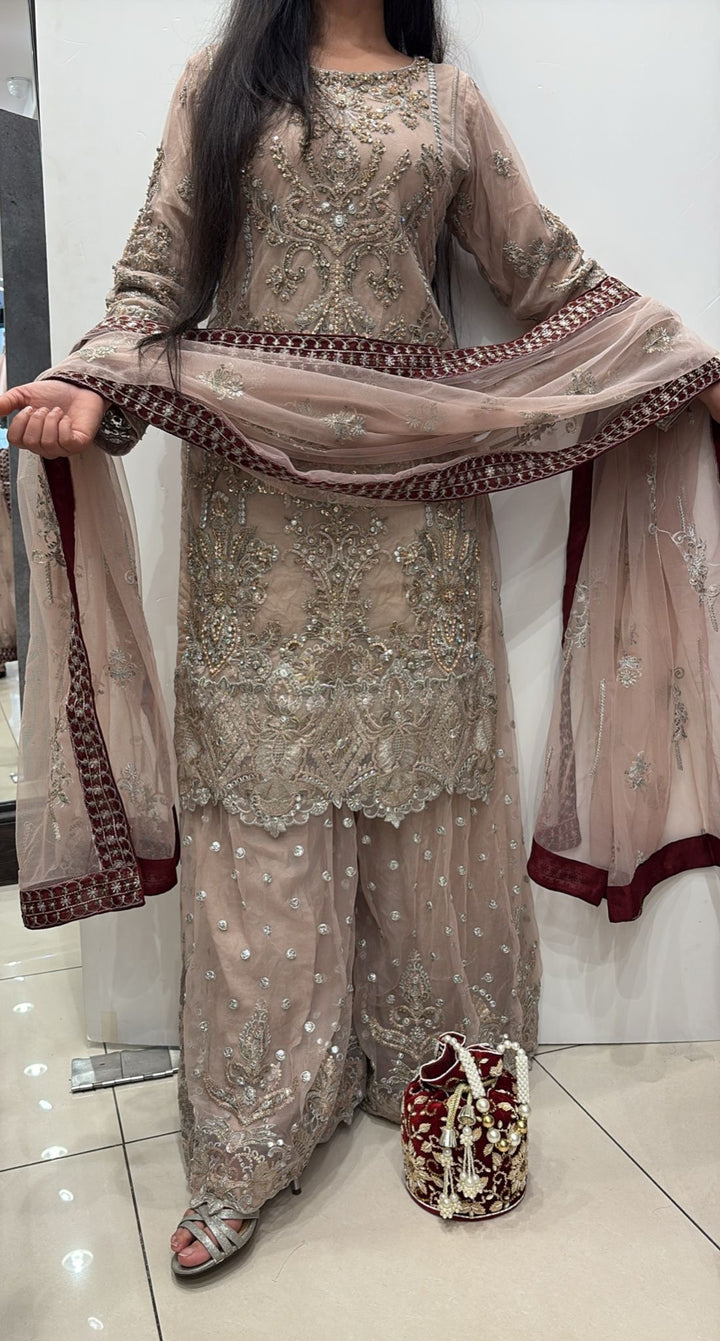 351B - PEACHY PINK NET EMBROIDERED SHARARA SUIT