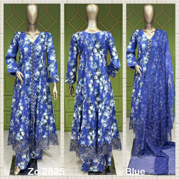 ZC2825C - Blue Embroidered Cotton 3 Piece suit