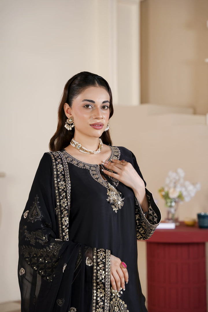 333C - Black/Pink Embroidered Shamoz Silk 3 Piece Suit