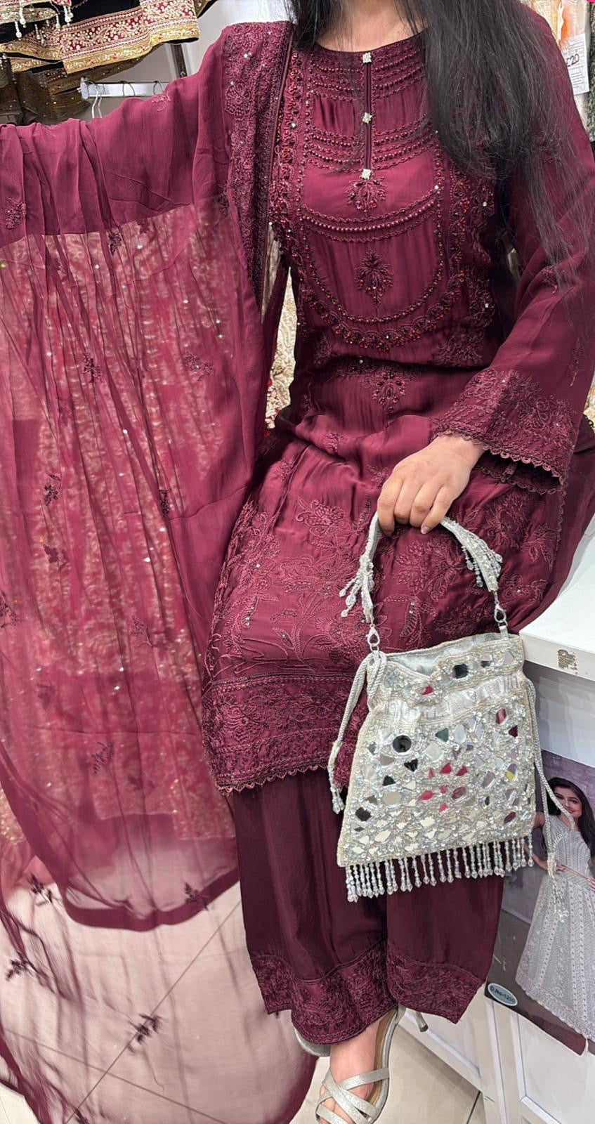 AG23c- MAROON EMBROIDERED SILK 3 PIECE SUIT