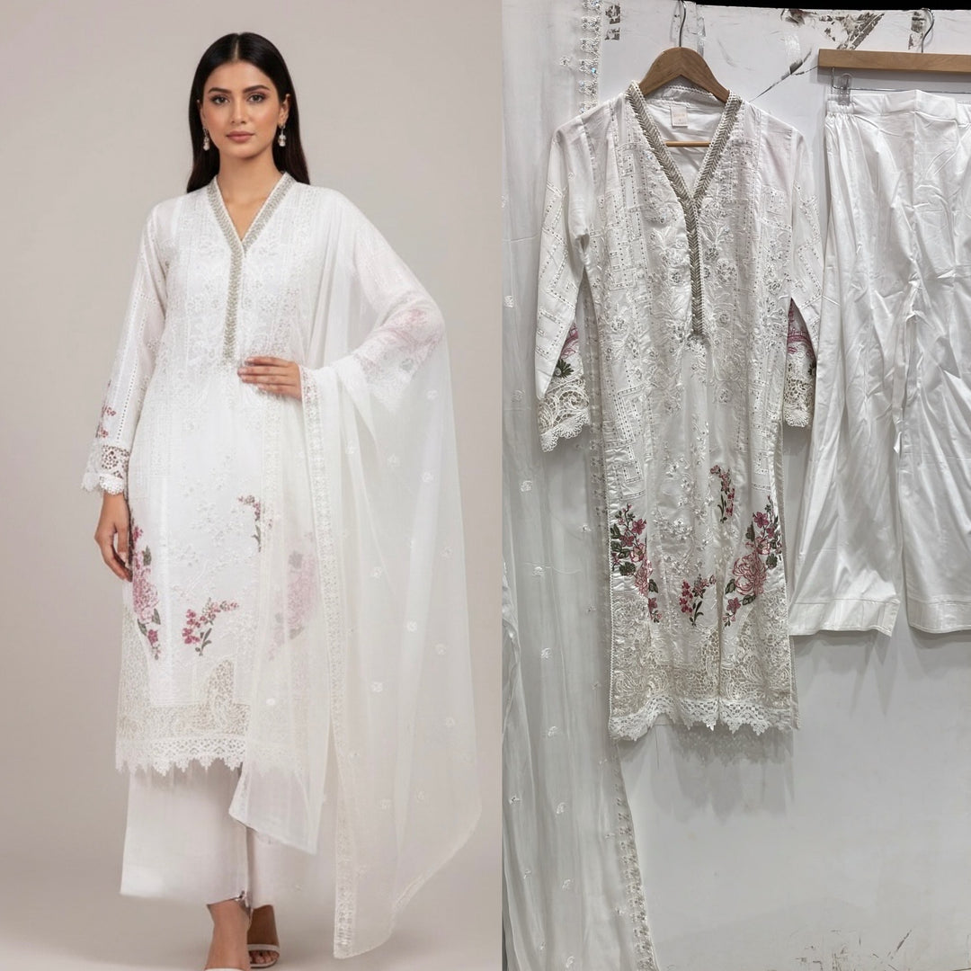 1117D - White Embroidered Cotton 3 Piece suit