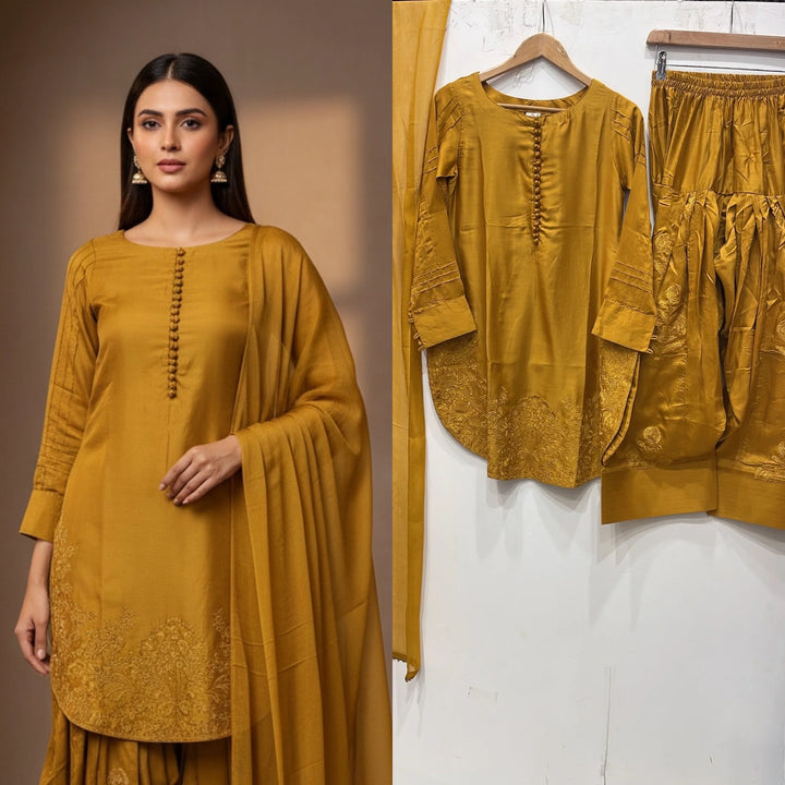1182A - Mustard Farshi Shalwar Embroidered linen suit