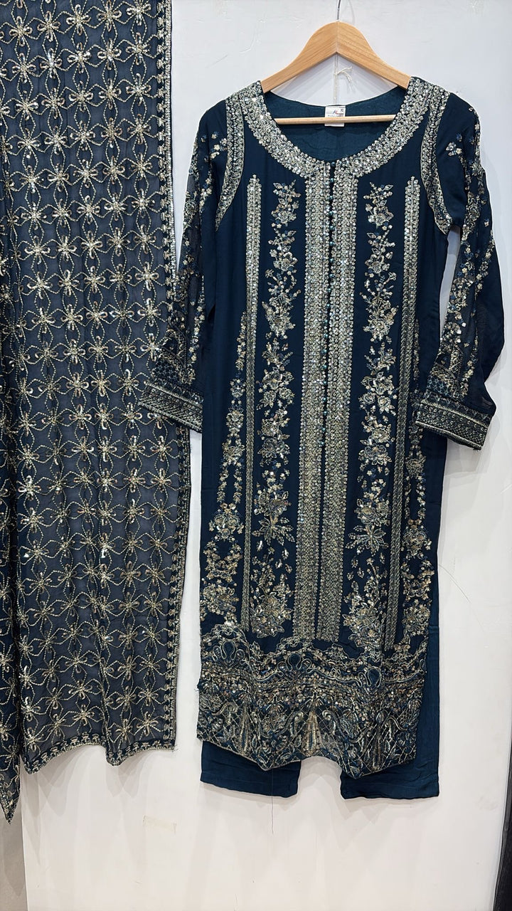 324A - TEAL BLUE EMBROIDERED CHIFFON 3 PIECE SUIT