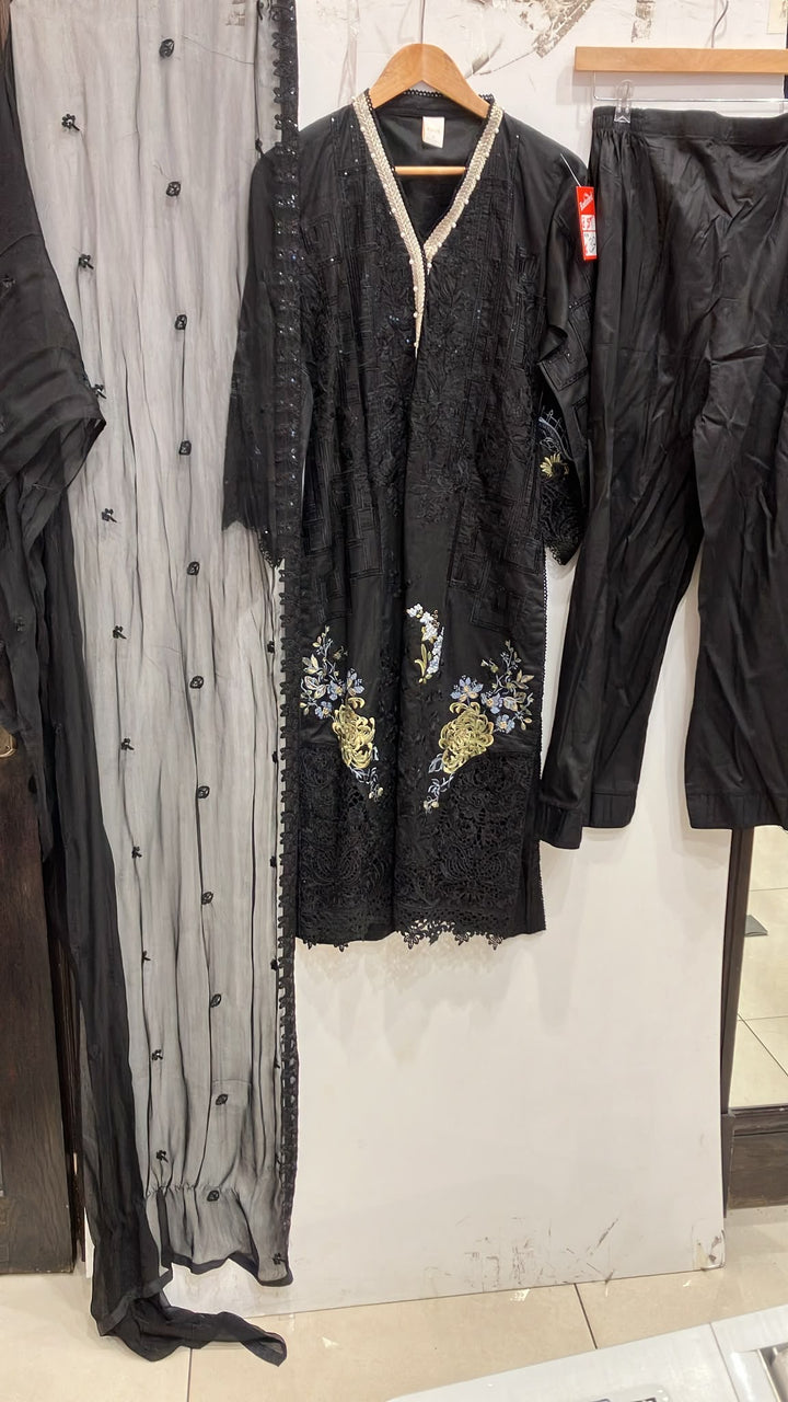 1117B - Black Embroidered Cotton 3 Piece suit