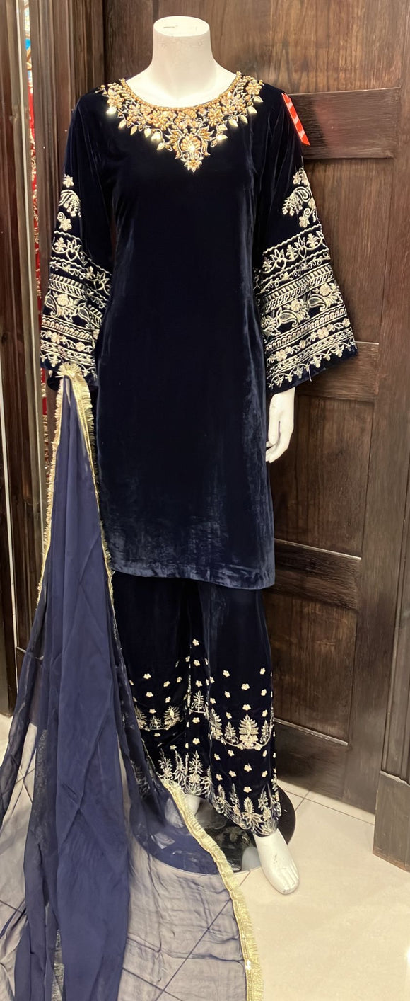 BLUE EMBROIDERED VELVET 3 PIECE SUIT BV24b