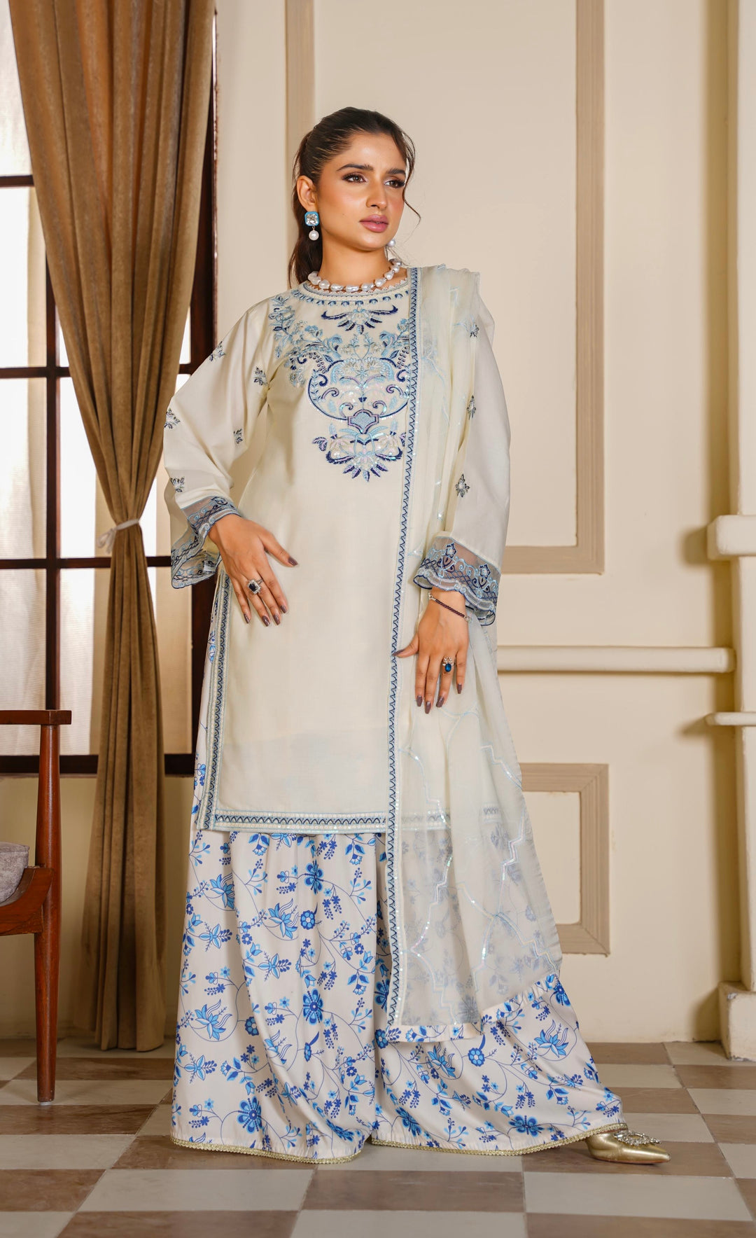 1191A - Embroidered Cotton palazzo 3 Piece suit