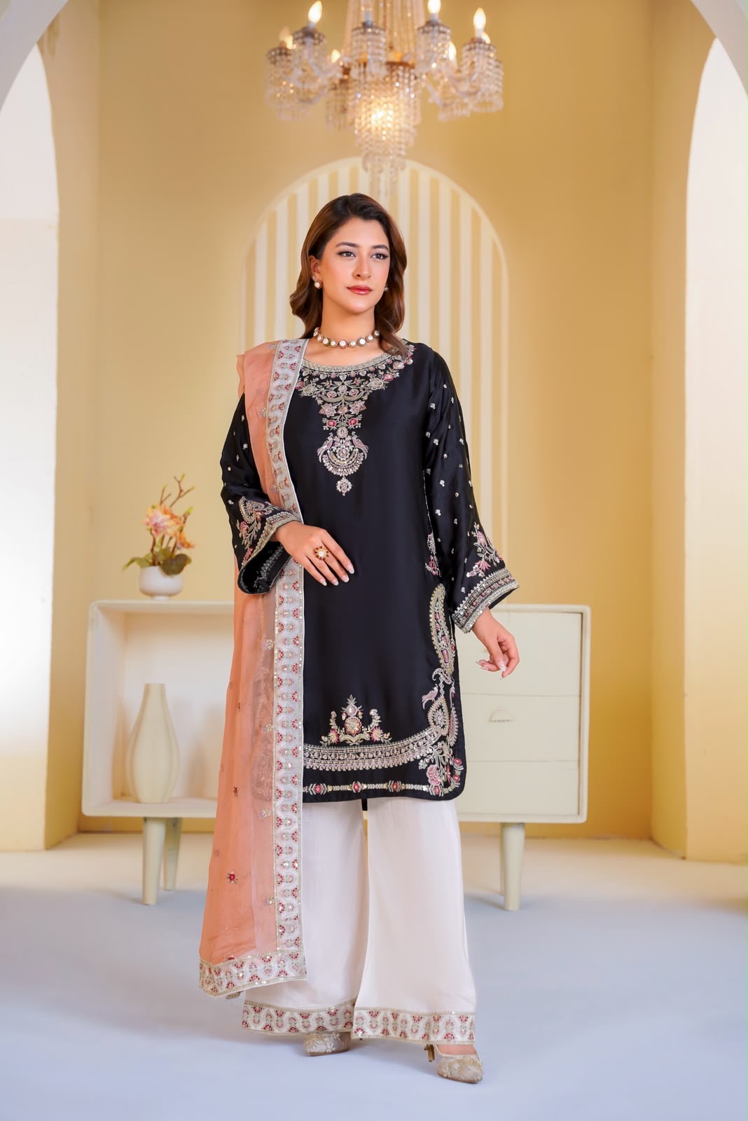 337B- Embroidered Shamoz Silk 3 Piece Suit