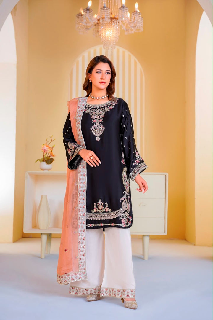 337B- Embroidered Shamoz Silk 3 Piece Suit