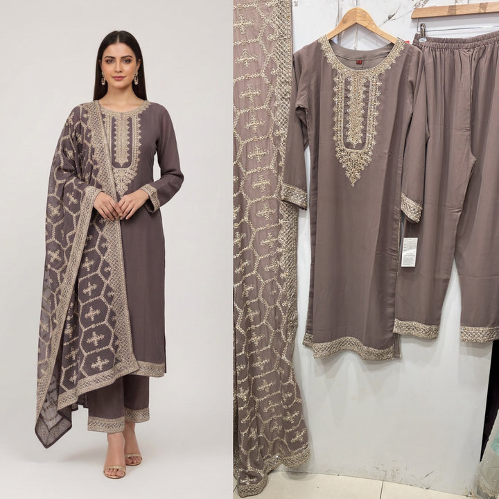 316C- MAUVE BROWN EMBROIDERED CHIFFON 3 PIECE SUIT