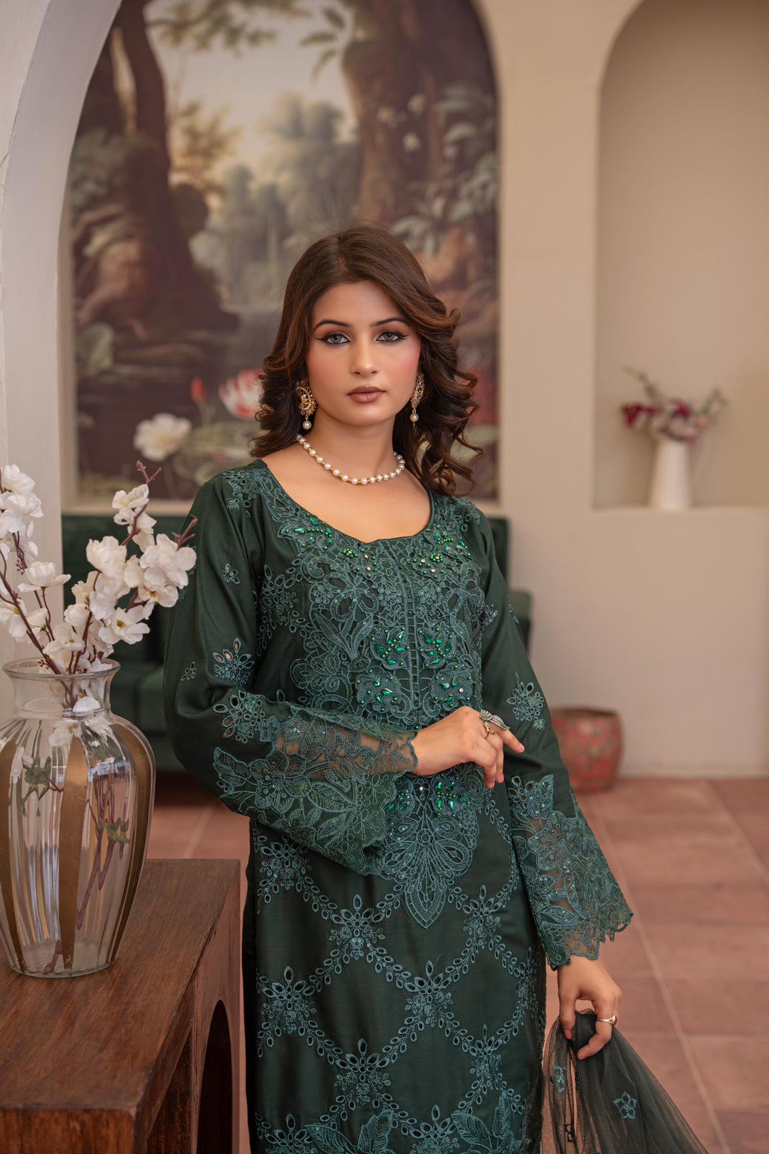 74M - Maria b inspired Green Farshi Shalwar Embroidered Linen suit