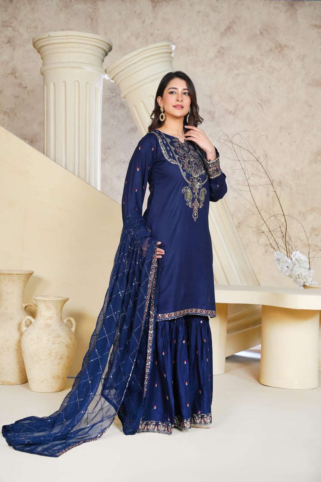1162D - Blue Embroidered Linen 3 Piece Sharara suit