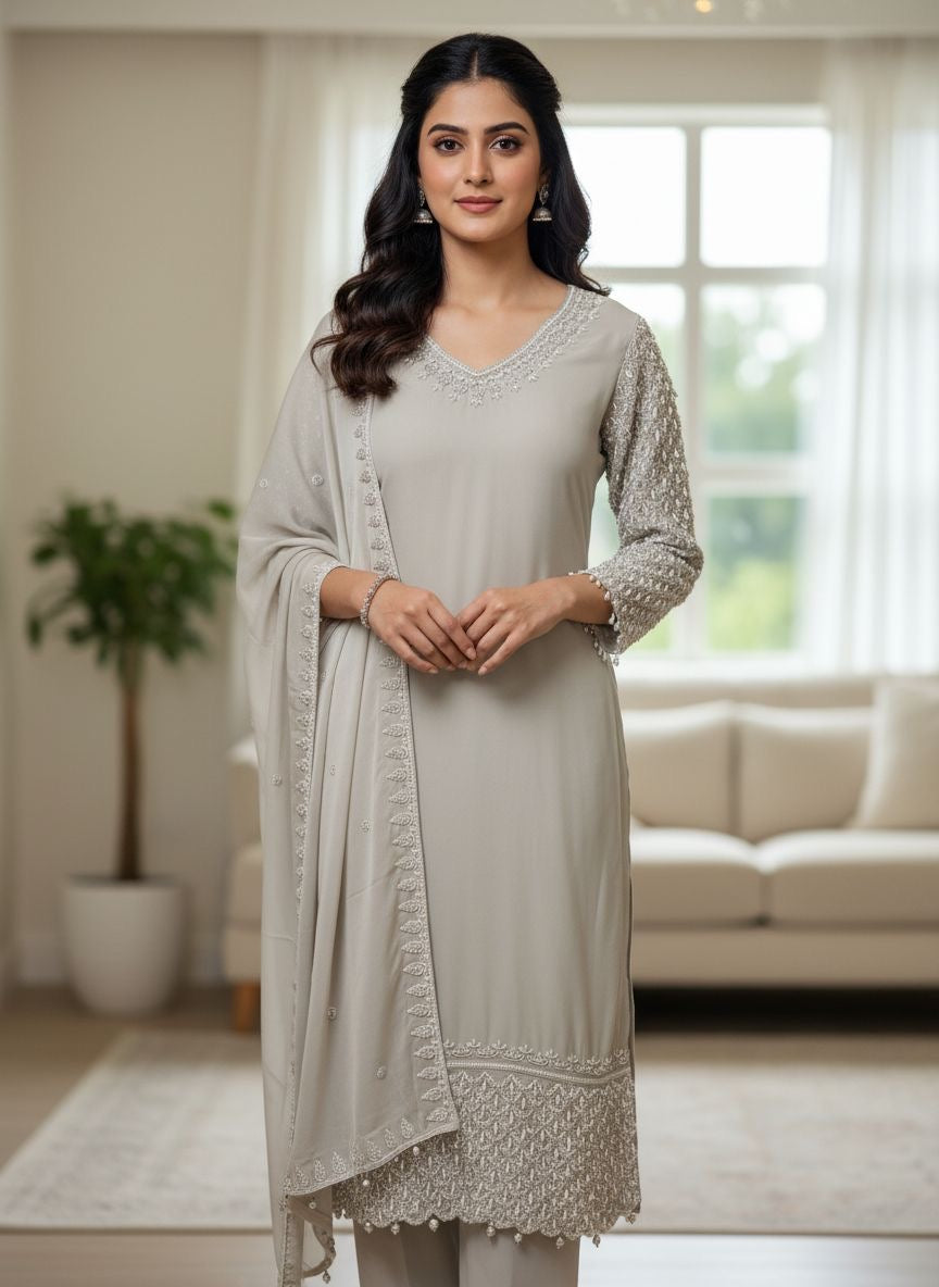 145A- GREY EMBROIDERED & EMBELLISHED SUIT
