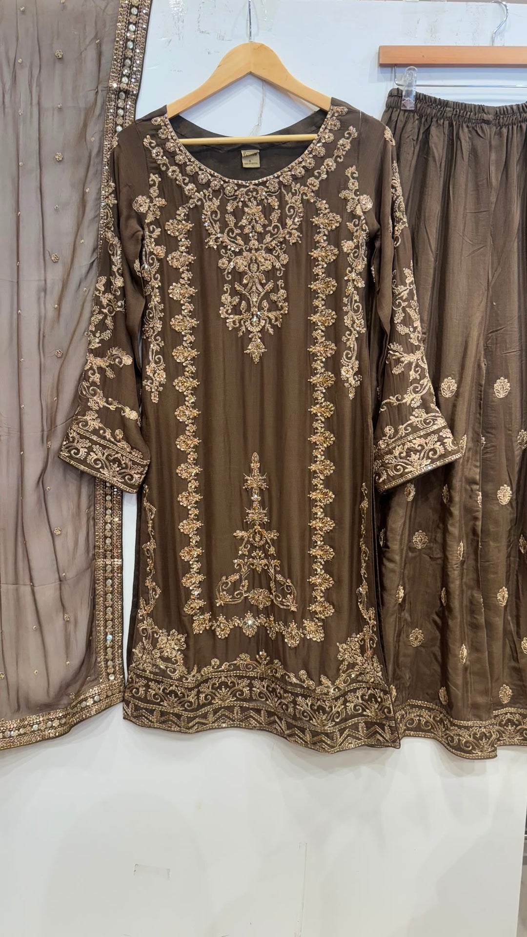 347A- Brown Embroidered Chiffon 3 Piece Suit
