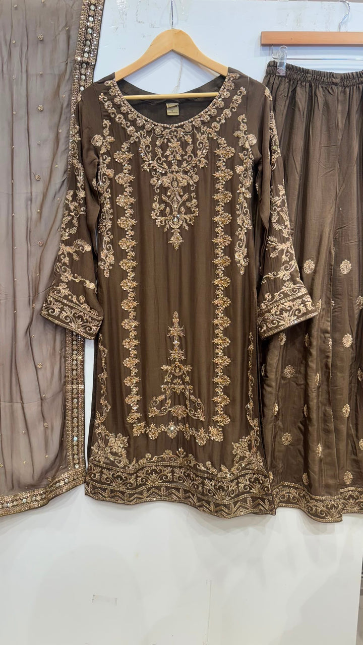 347A- Brown Embroidered Chiffon 3 Piece Suit