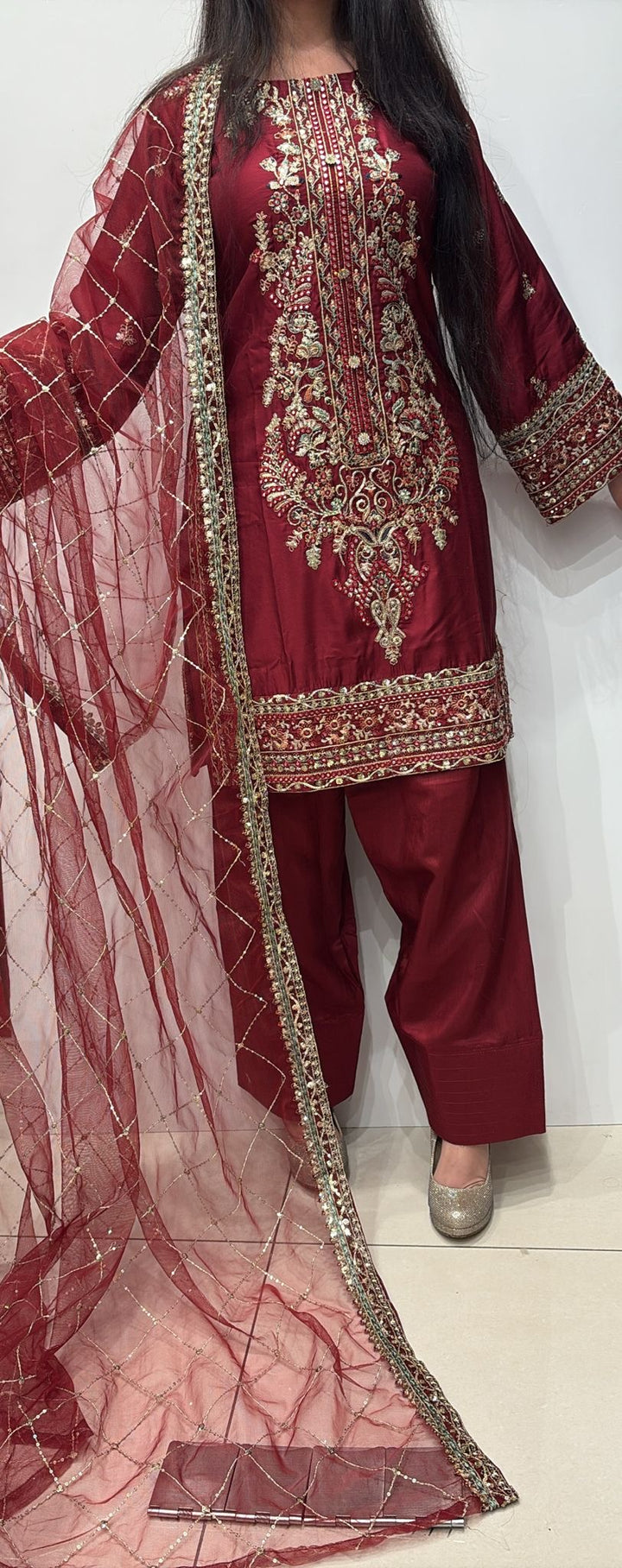 FR04 - MAROON EMBROIDERED VISCOSE SILK SUIT WITH FARSHI SHALWAR