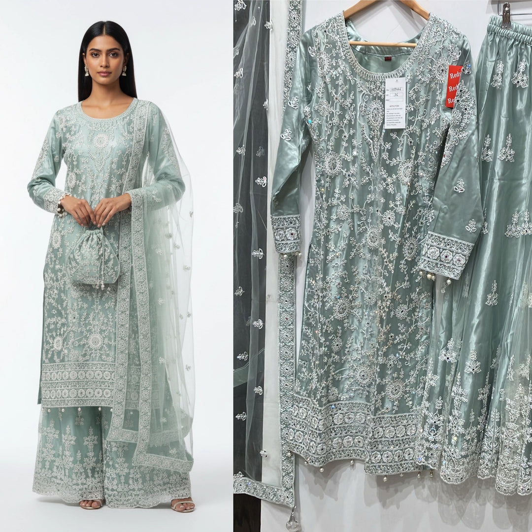 180A - SAGE GREEN EMBROIDERED & EMBELLISHED NET SUIT