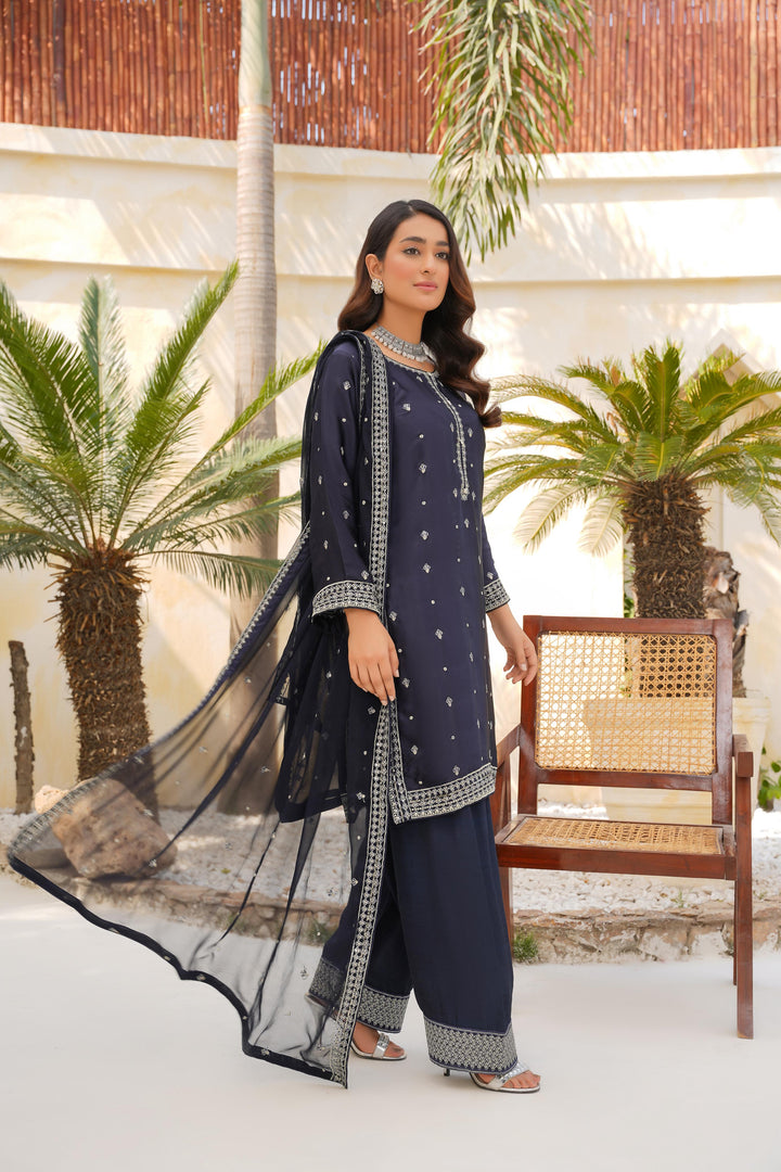 FN04 - Navy Blue Farshi Shalwar Silk Embroidered Suit