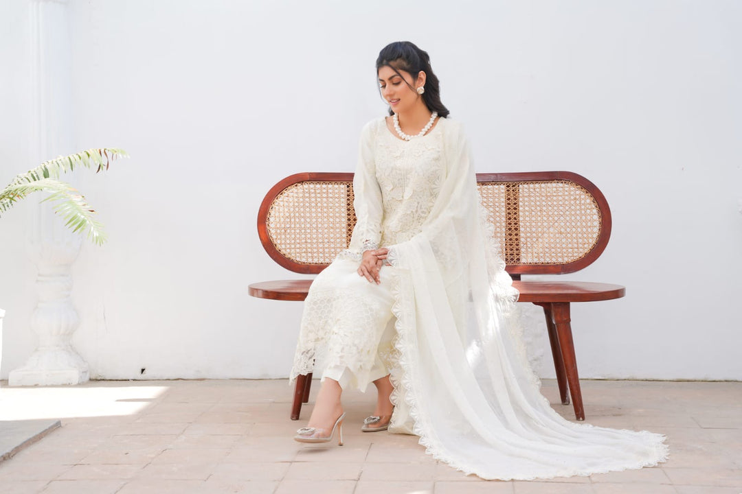 355B - Maria b inspired off-white Embroidered chiffon suit