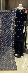 NAVY BLUE EMBROIDERED VELVET 3 PIECE SUIT NV45C