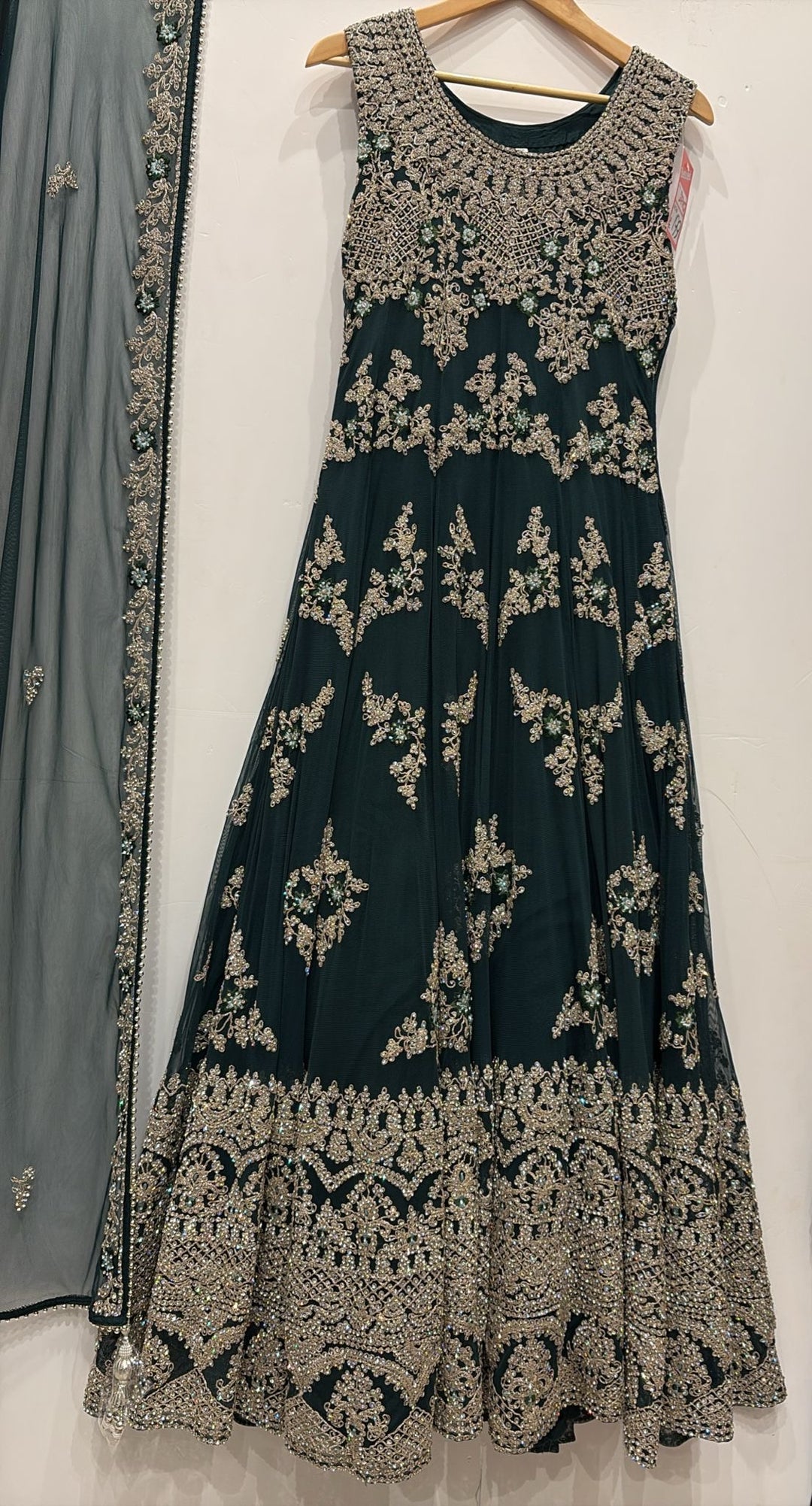 7015A- Green Embroidered & Embellished net long dress