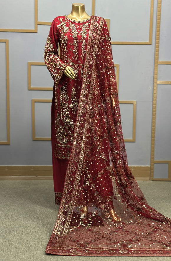 MAROON EMBROIDERED & EMBELLDHED 3 PIECE SUIT 349A