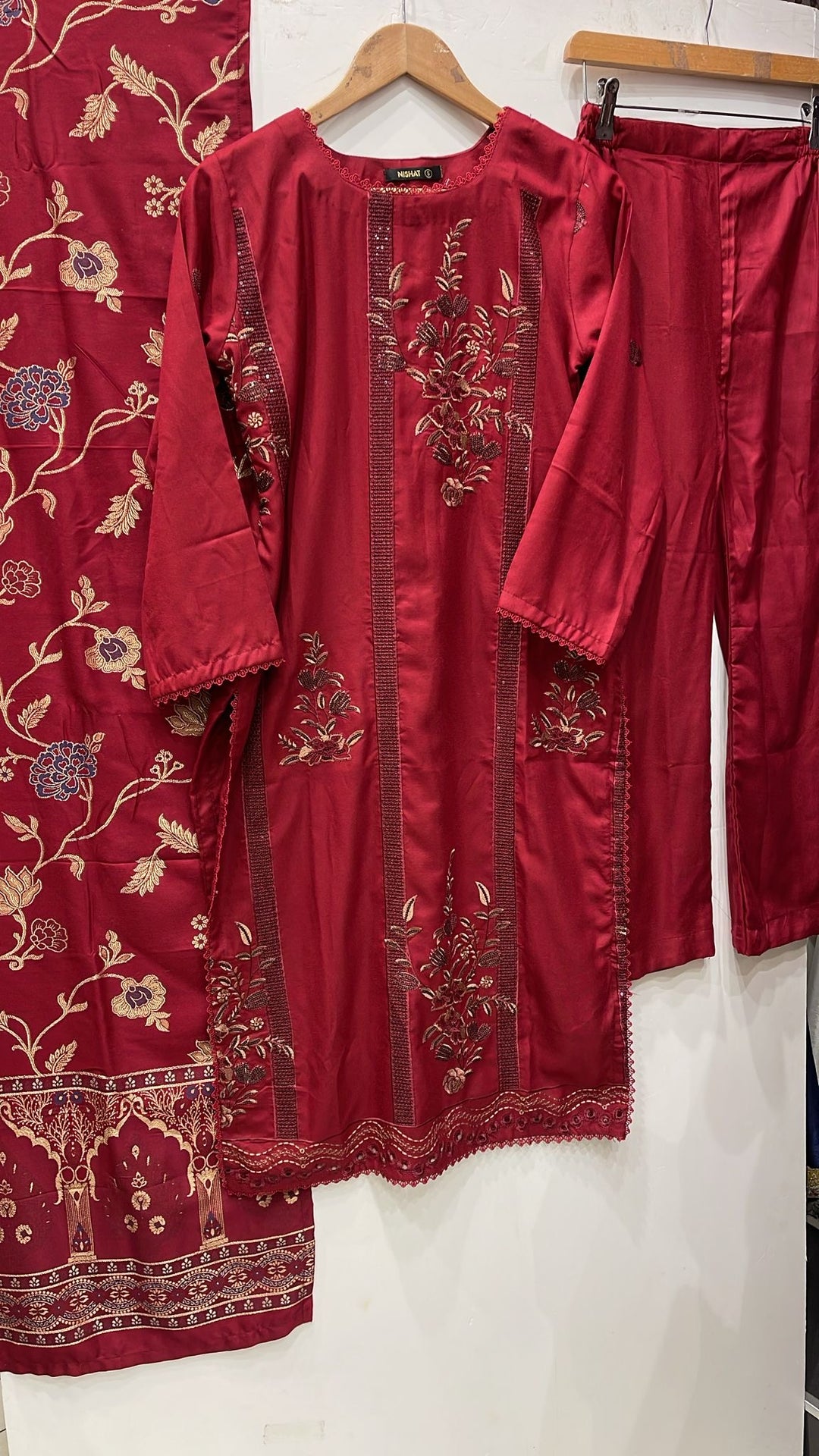 GF04 - RED DHANAK LINEN EMBROIDERED SUIT