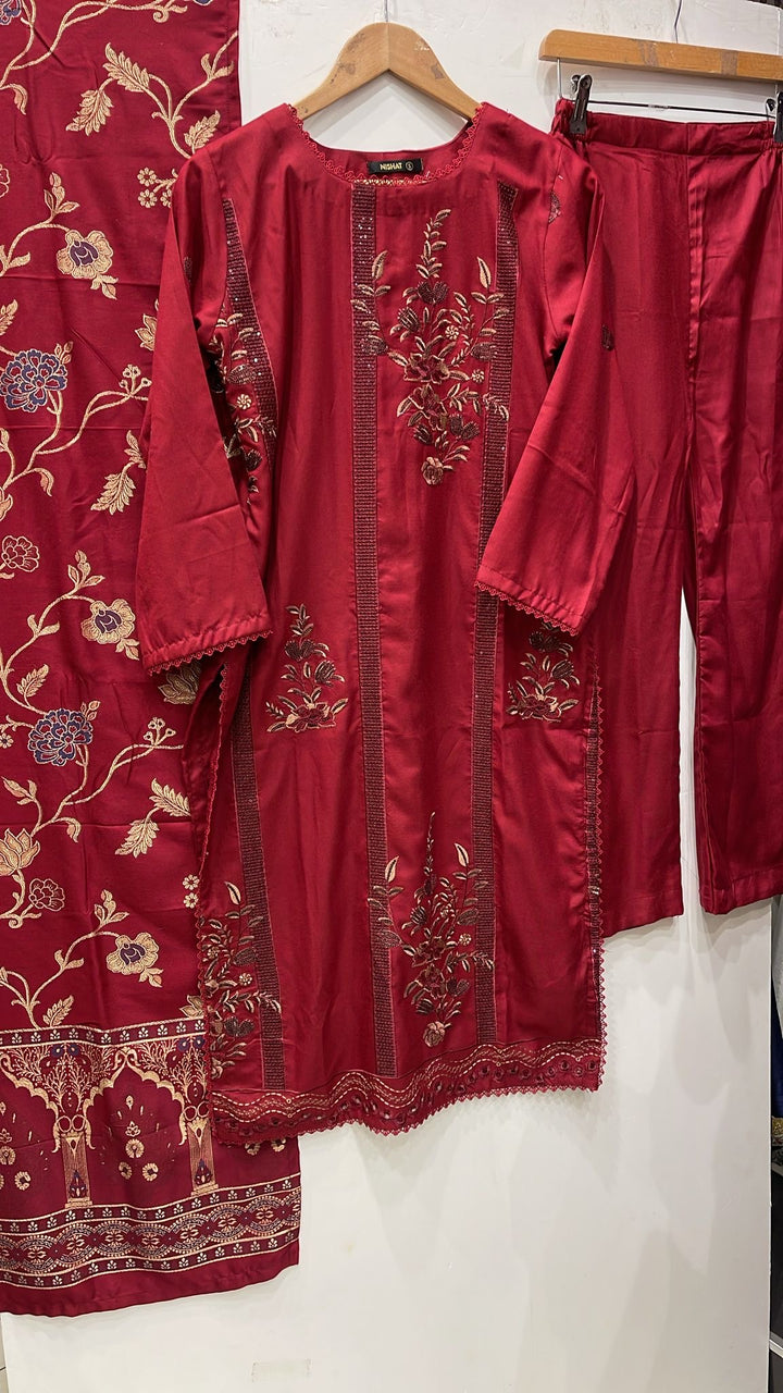 GF04 - RED DHANAK LINEN EMBROIDERED SUIT