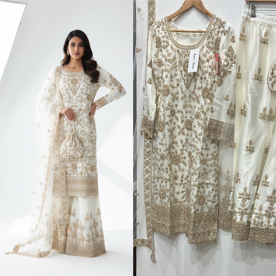 180C - CREAM EMBROIDERED & EMBELLISHED NET SUIT