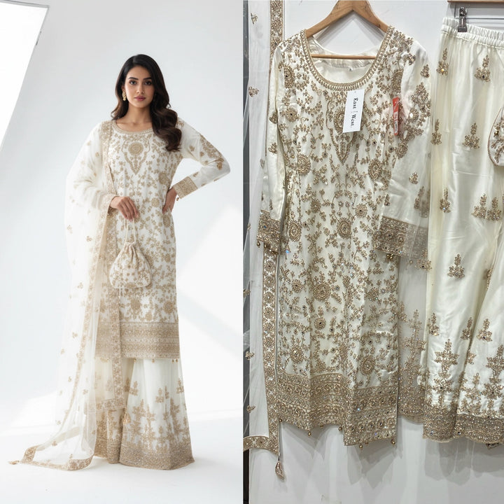 180C - CREAM EMBROIDERED & EMBELLISHED NET SUIT