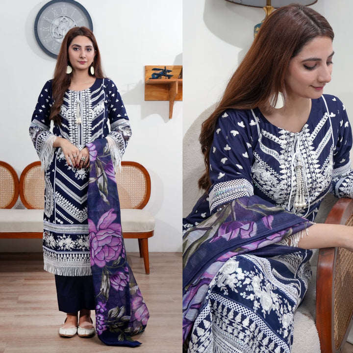 1129N - Navy Blue Embroidered Cotton Suit