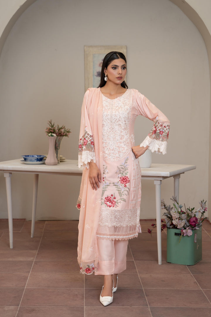 1141D - Peach Embroidered Linen 3 Piece suit