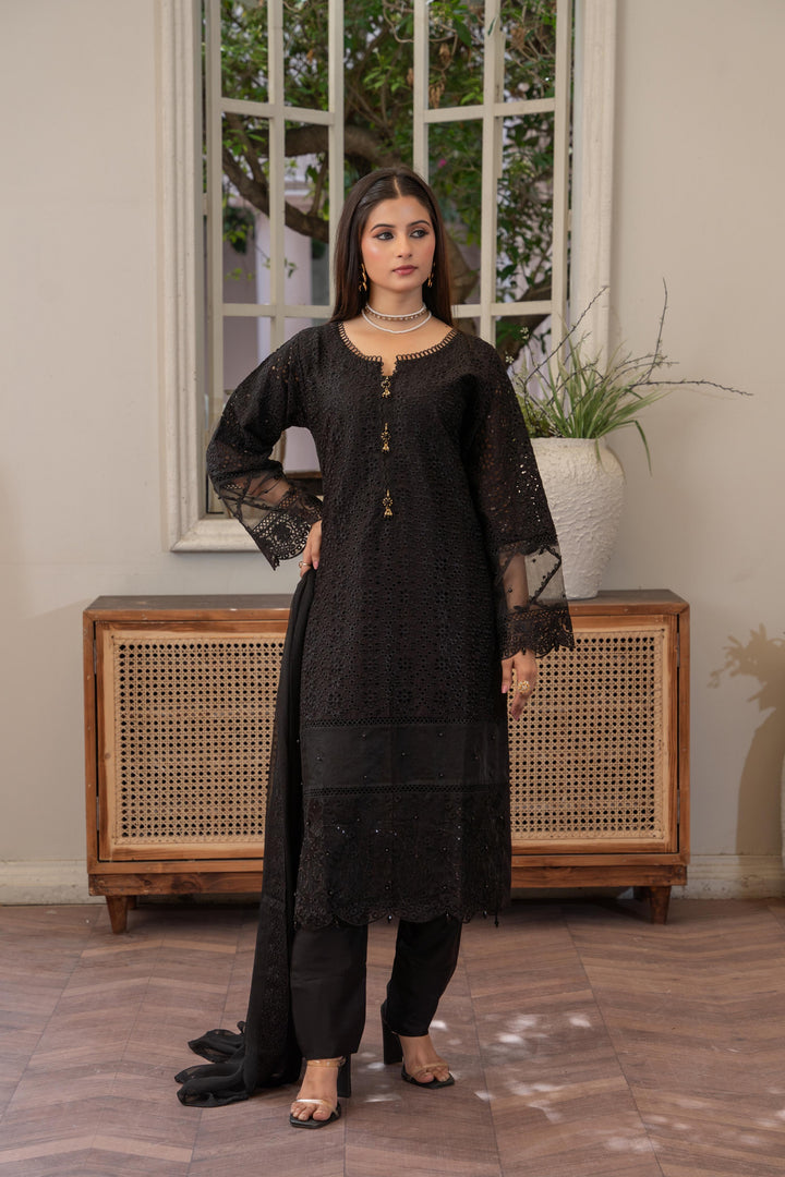 1143C - Black Embroidered Linen 3 Piece suit